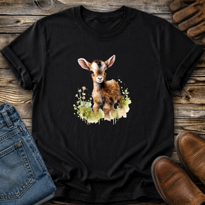 black tshirt with a watercolor style baby goat graphic on it