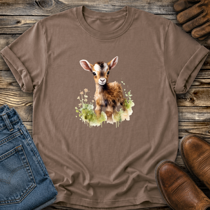 brown tshirt with a watercolor style baby goat graphic on it