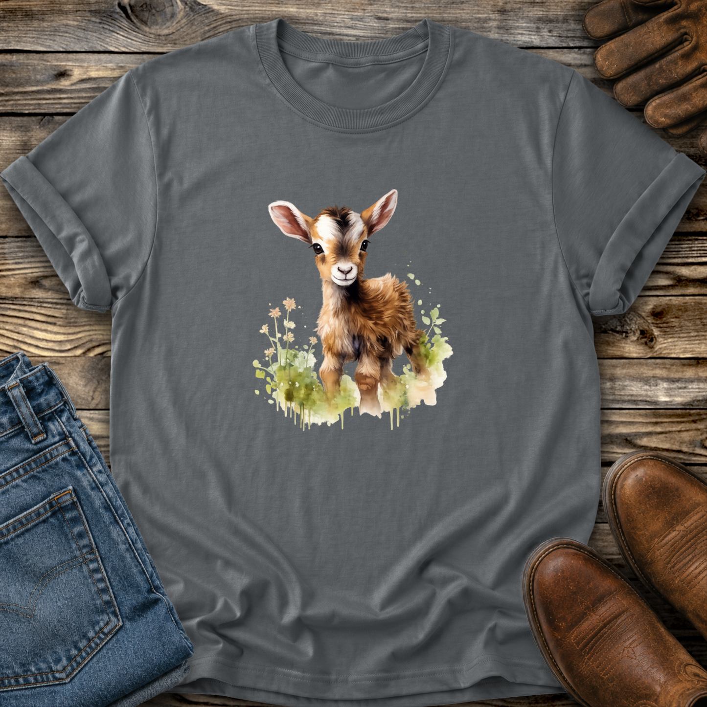gray tshirt with a watercolor style baby goat graphic on it