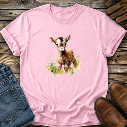 pink tshirt with a watercolor style baby goat graphic on it