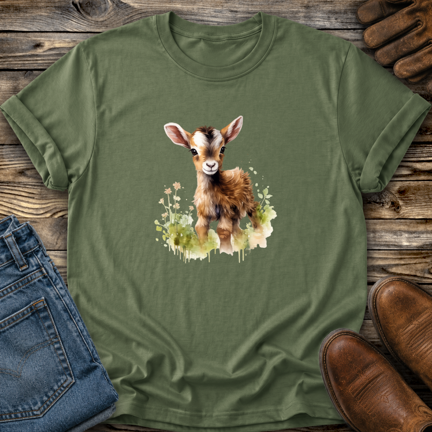 green tshirt with a watercolor style baby goat graphic on it