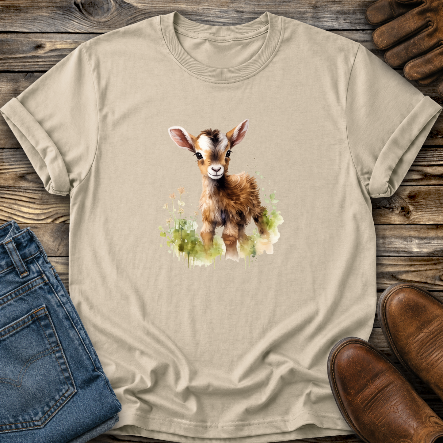 beige tshirt with a watercolor style baby goat graphic on it