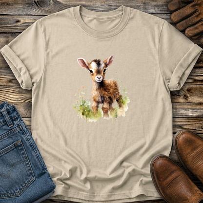 beige tshirt with a watercolor style baby goat graphic on it