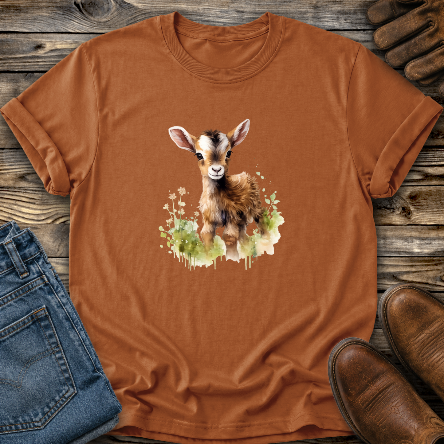 orange tshirt with a watercolor style baby goat graphic on it