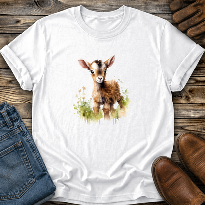 white tshirt with a watercolor style baby goat graphic on it