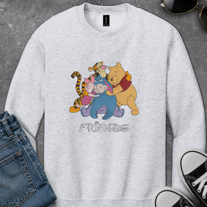 gray sweatshirt with an embroidered design of winnie the pooh friends