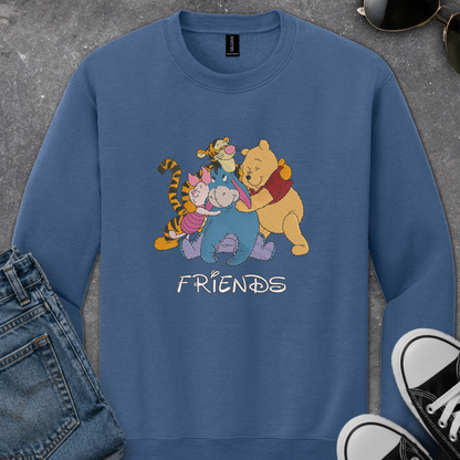 blue sweatshirt with an embroidered design of winnie the pooh friends