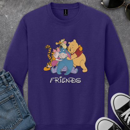 purple sweatshirt with an embroidered design of winnie the pooh friends