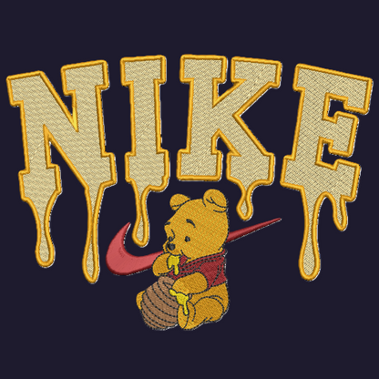 navy background with embroidered winnie the pooh with honey dripping from the nike logo