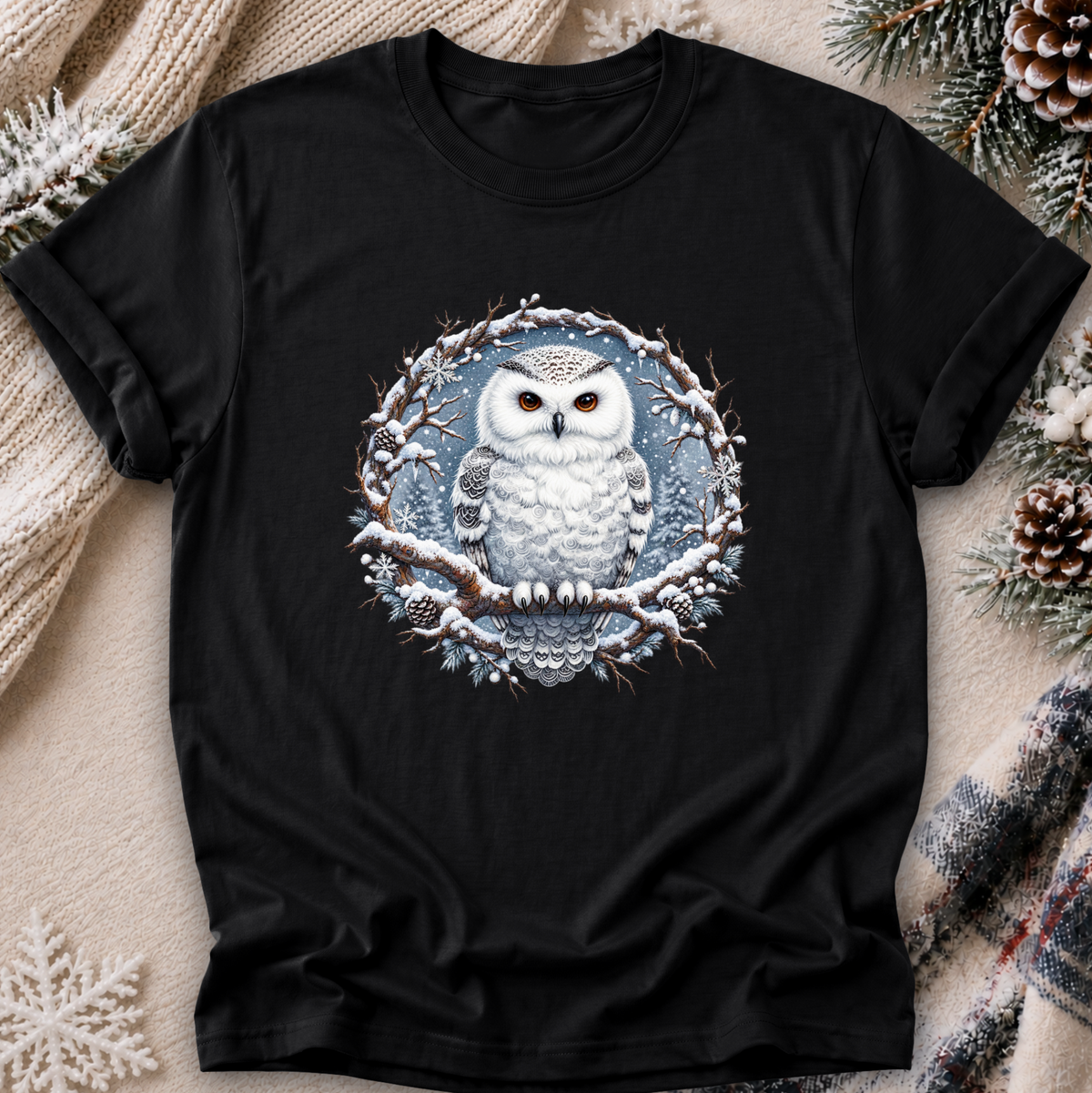 A black short-sleeve crewneck t-shirt featuring a circular graphic of a snowy owl perched on a snow-dusted branch. The shirt is displayed in a flat-lay arrangement with cozy holiday props including a knitted sweater, pinecones, and a plaid scarf on a neutral beige background.
