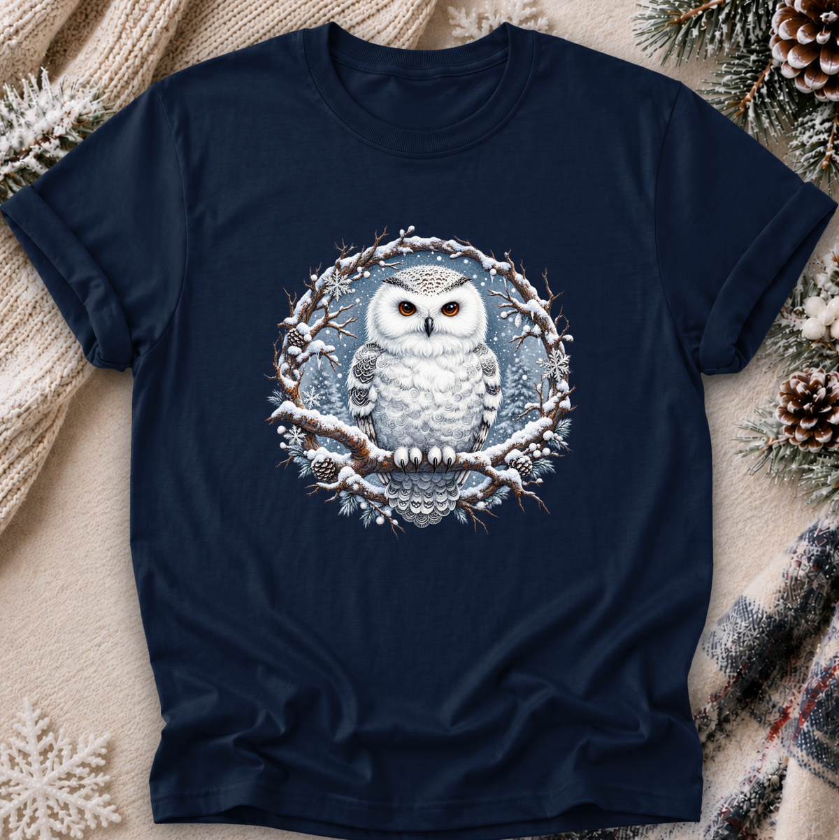 A black short-sleeve crewneck t-shirt featuring a circular graphic of a snowy owl perched on a snow-dusted branch. The shirt is displayed in a flat-lay arrangement with cozy holiday props including a knitted sweater, pinecones, and a plaid scarf on a neutral beige background.