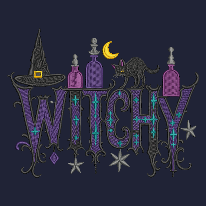 A decorative embroidered-style design on a dark navy background featuring the word “WITCHY” in ornate purple letters with teal star accents, a black witch hat, purple bottles, a black cat, and a yellow crescent moon.