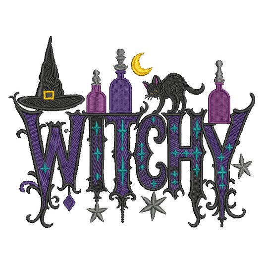 Witch-themed decorative text design reading “WITCHY” in large ornate purple letters with black outlines, turquoise star accents, a black witch hat, a black cat, purple bottles, a yellow crescent moon, and gray stars on a white background.