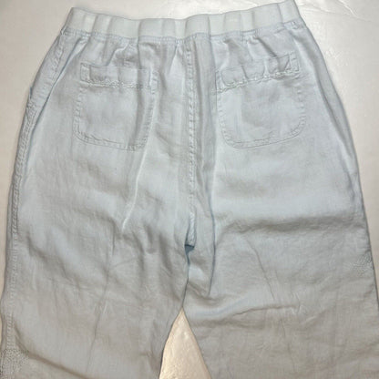 J Jill Linen Pants Womens 14 Petite Light Blue Wide Leg Ankle Floral Embroidery