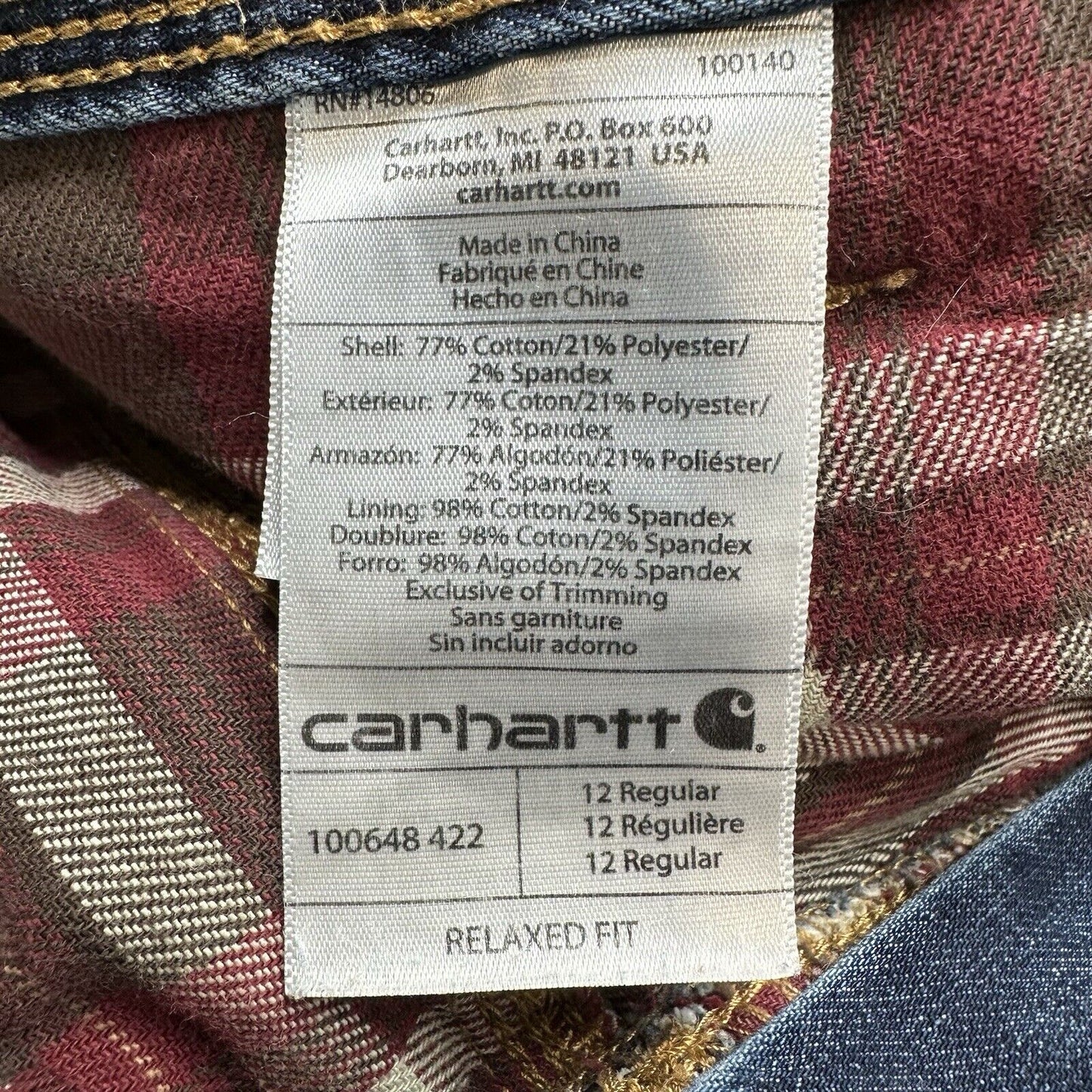 Carhartt Flannel Lined Jeans Women 12 Relaxed Fit Straight Blue Denim Plaid Work