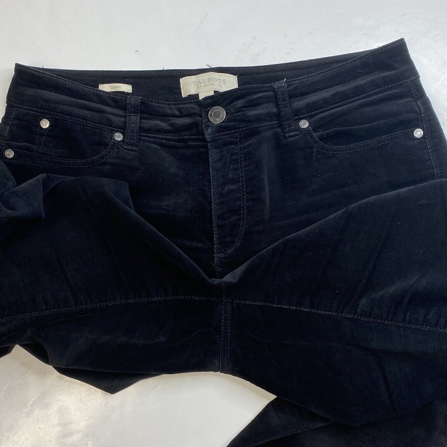 Talbots Jeans Womens 8 Petite Curvy Tapered Slim Leg Black Velvet Pants Preppy
