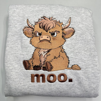 Grumpy Highland Cow Embroidered ADULT Hoodie / Crewneck Sweatshirt Unisex Farm Animal