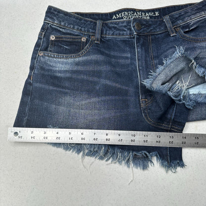 American Eagle Shorts 12 Vintage Hi Rise Festival Shortie Blue Denim Fringe Fray