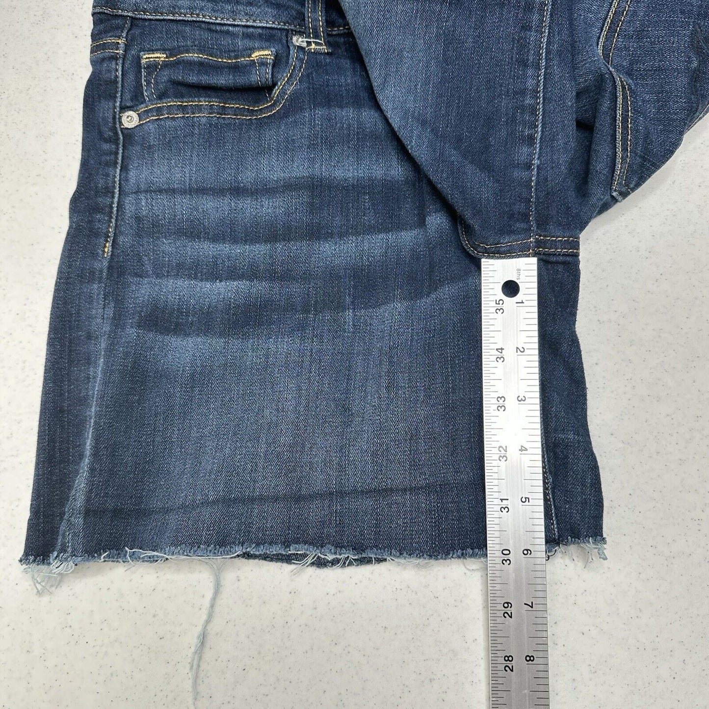 American Eagle Shorts Womens 14 Midi Blue Jean Denim Super Stretch Distress Fray