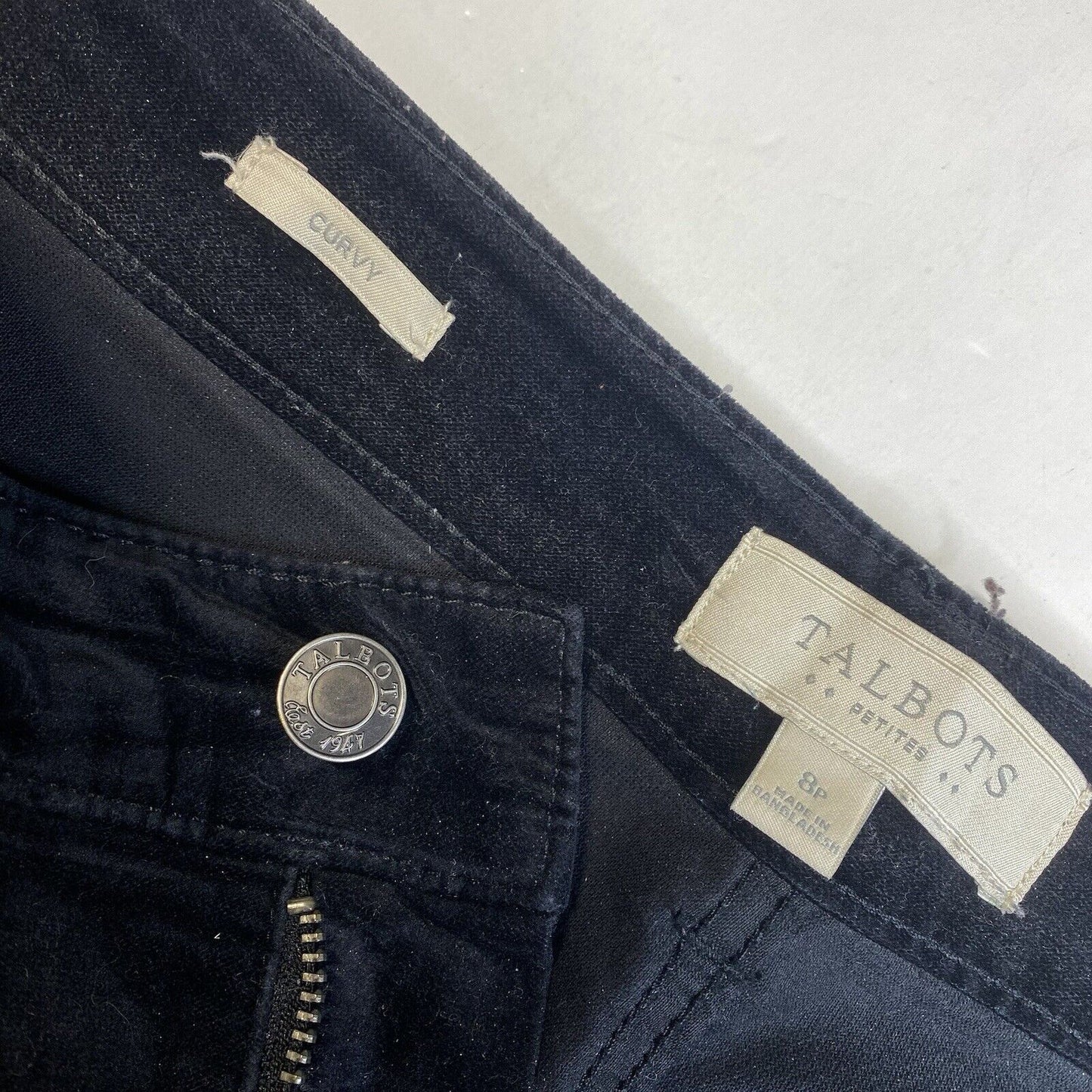 Talbots Jeans Womens 8 Petite Curvy Tapered Slim Leg Black Velvet Pants Preppy