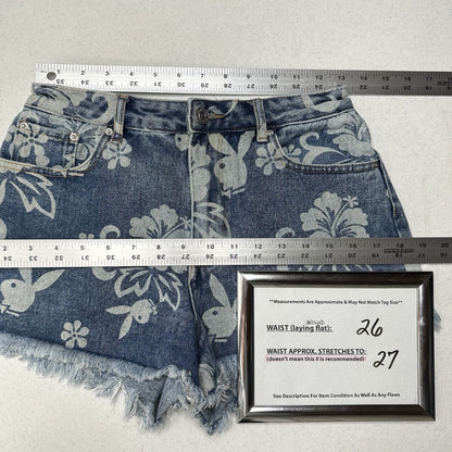 PlayBoy Pacsun Shorts Womens 27 Blue Jean Denim Fringe 90s Grunge Floral Bunny