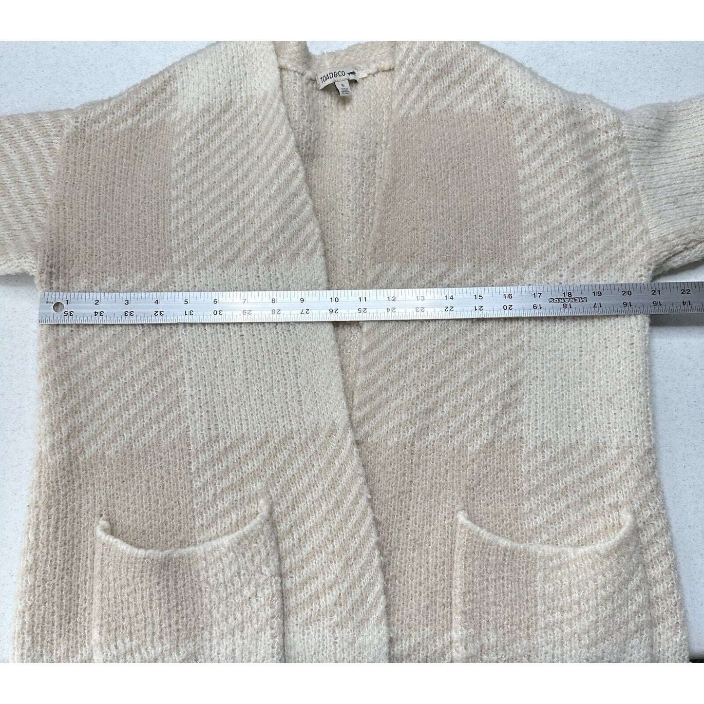 Toad Co Sweater Womens Small Cardigan Wool Blend Plaid Beige Cream Open Cozy