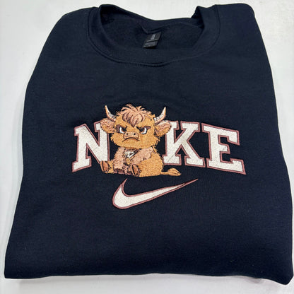 Nike Grumpy Highland Cow Embroidered ADULT Hoodie / Crewneck Sweatshirt Unisex Farm Fluffy Cow