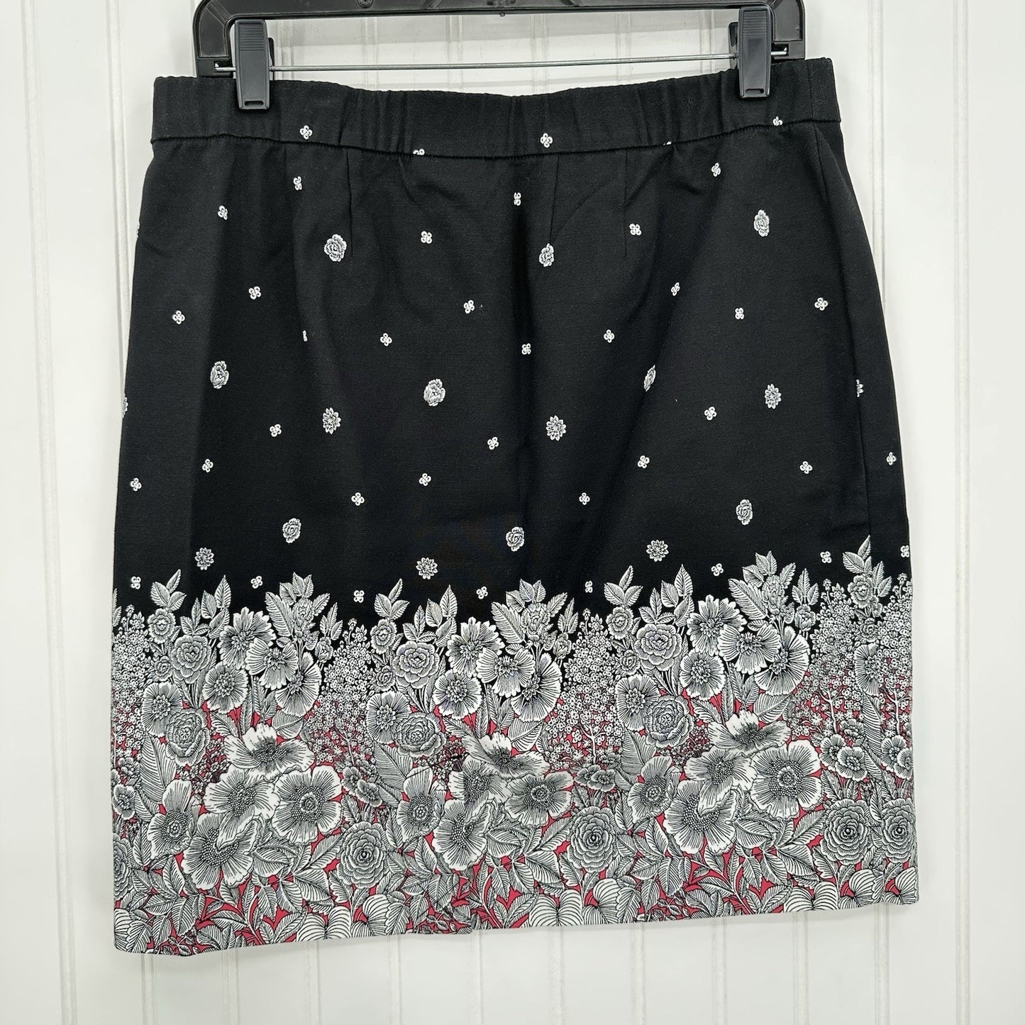 J Jill Skirt Womens 12 Petite Black White Floral Short Pull On Casual Office NEW