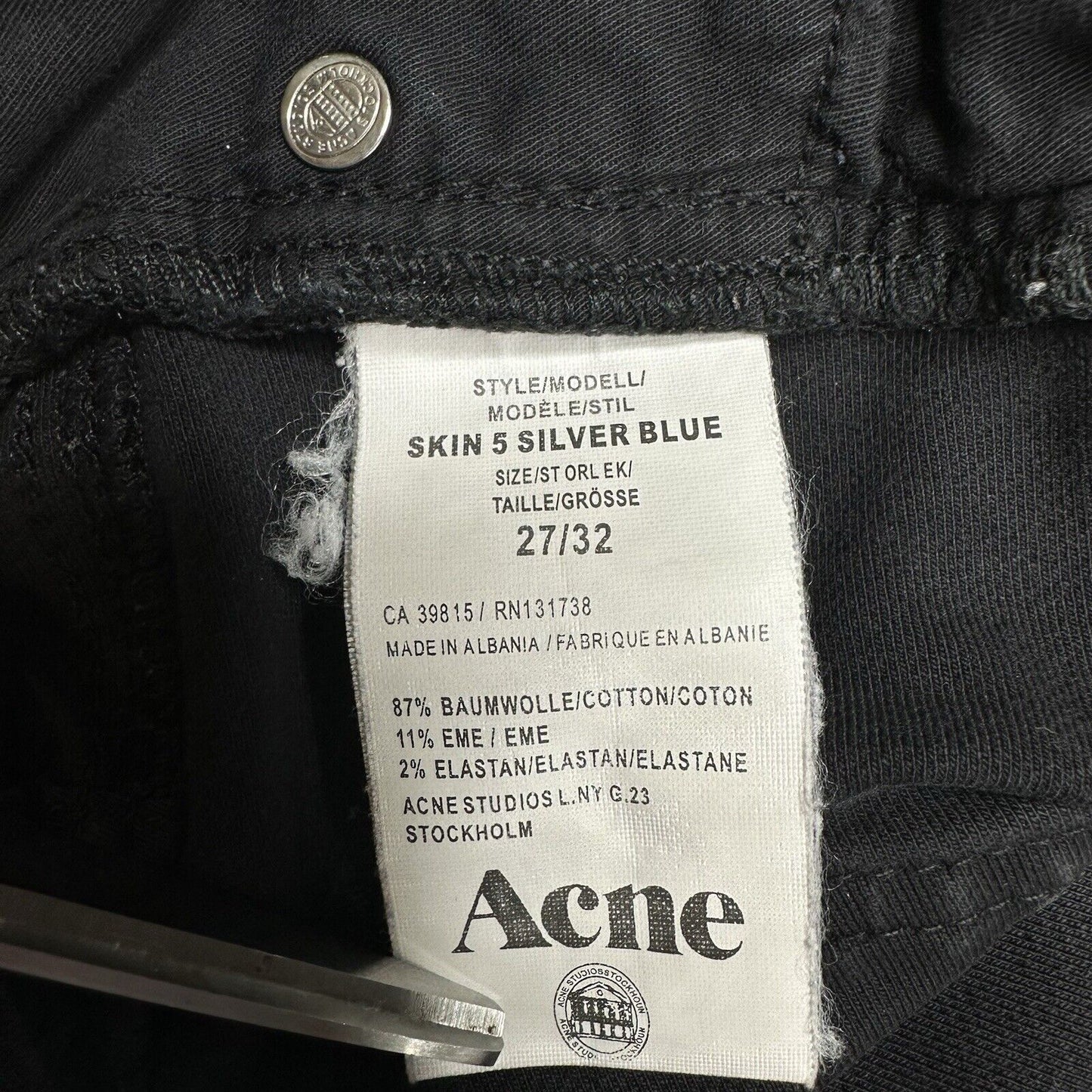Acne Studios Jeans Womens 27 Skinny Black Skin 5 Stretch Denim *Flaw