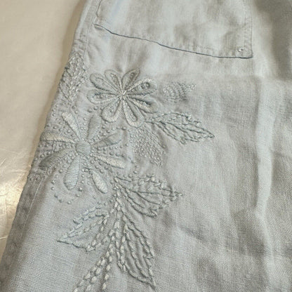 J Jill Linen Pants Womens 14 Petite Light Blue Wide Leg Ankle Floral Embroidery