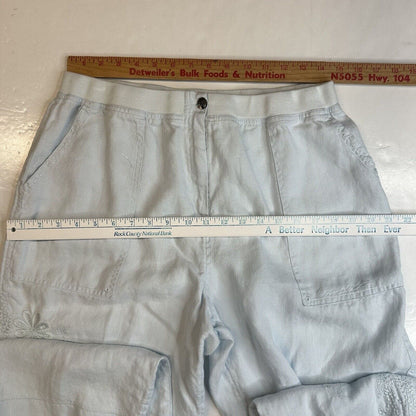 J Jill Linen Pants Womens 14 Petite Light Blue Wide Leg Ankle Floral Embroidery