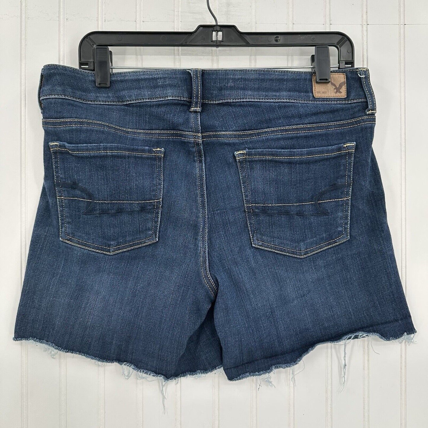 American Eagle Shorts Womens 14 Midi Blue Jean Denim Super Stretch Distress Fray