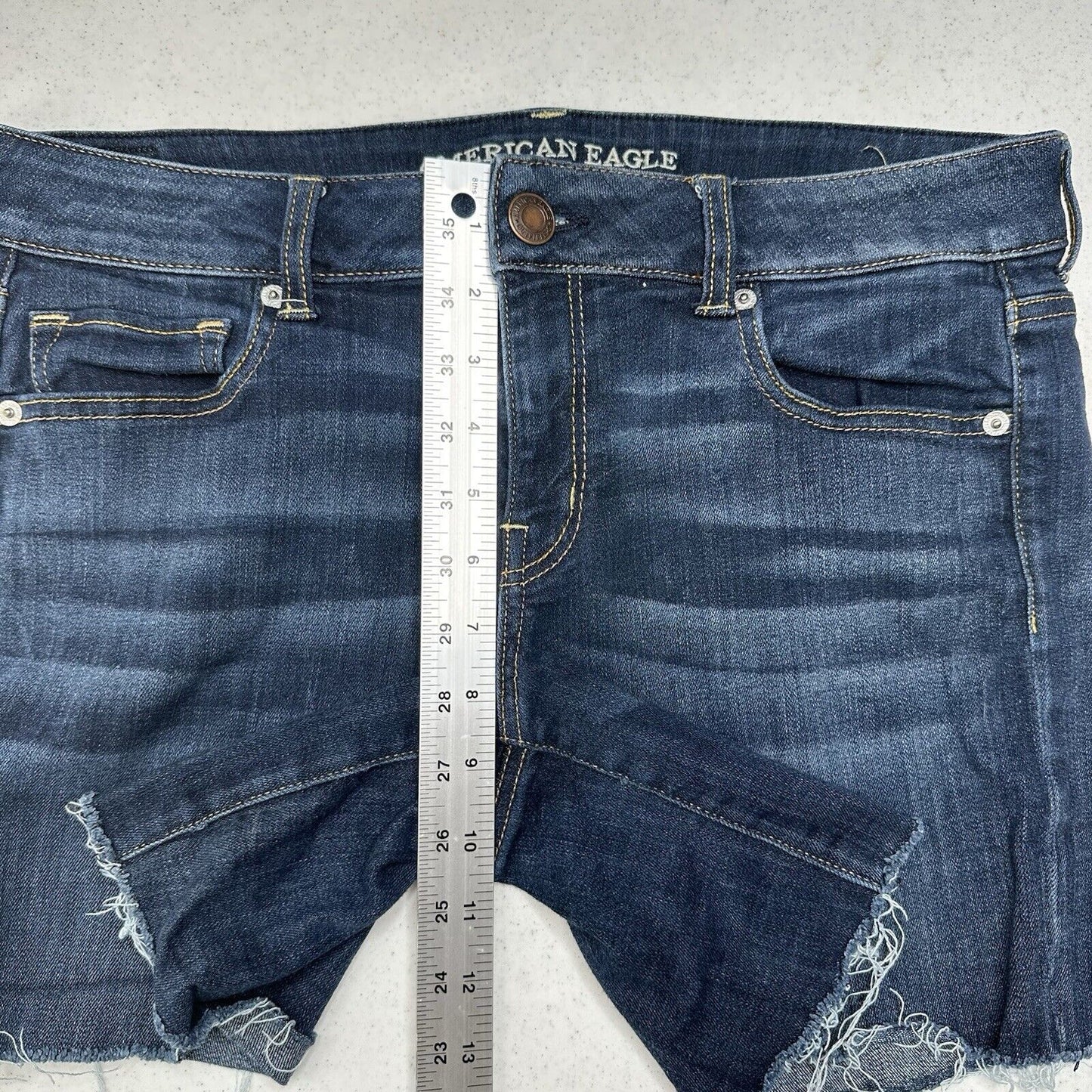 American Eagle Shorts Womens 14 Midi Blue Jean Denim Super Stretch Distress Fray