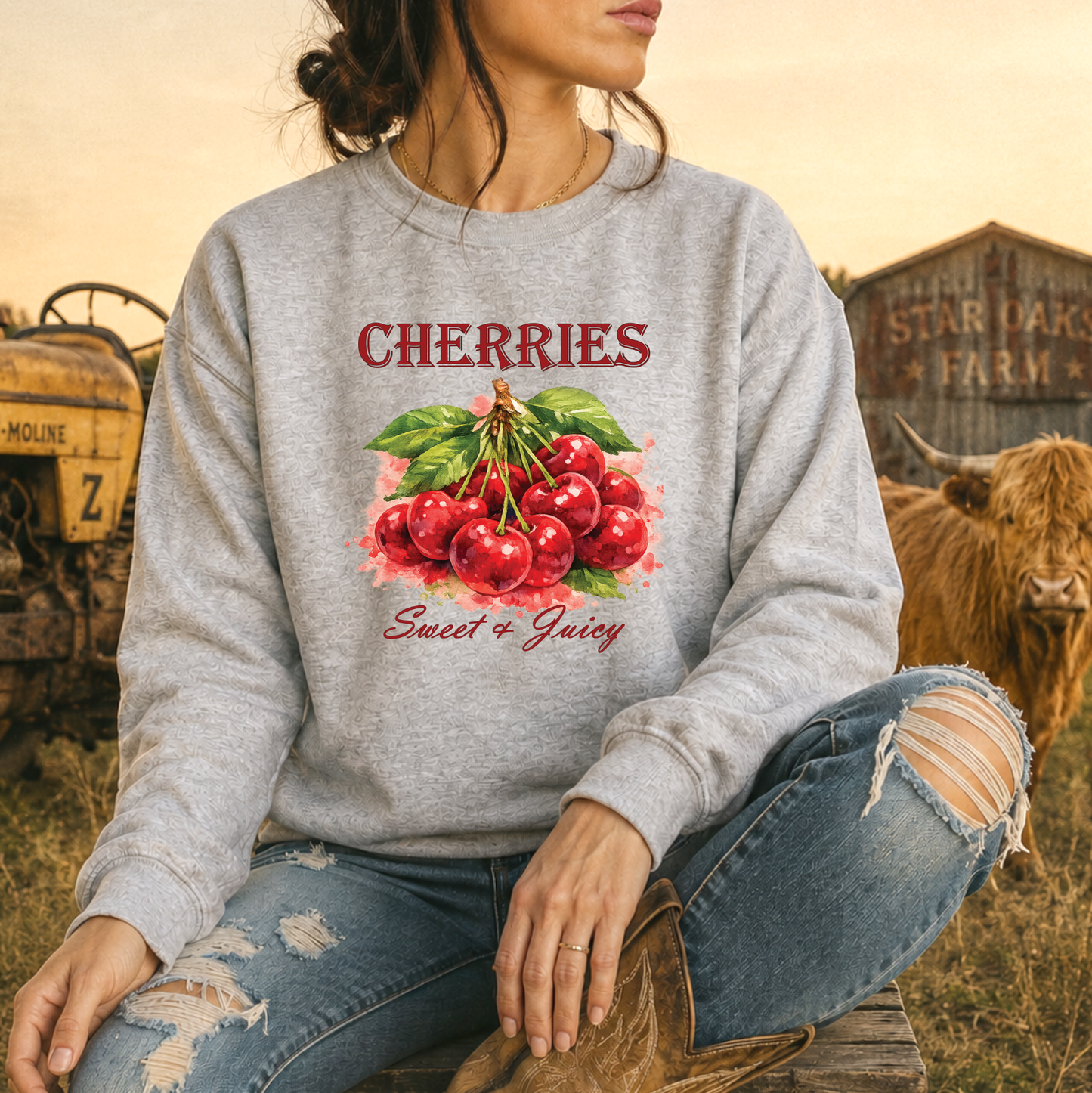 A woman wearing a heather gray crewneck sweatshirt with a red and green cherry graphic and the text 'CHERRIES Sweet & Juicy'. She is sitting outdoors in a rustic farm setting with a cow and barn in the background.