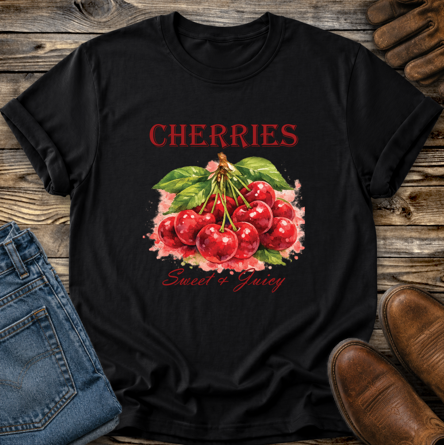 A black short-sleeve graphic T-shirt laid flat on a rustic wood surface, featuring a large red cherry illustration with green leaves and the words 'CHERRIES' and 'Sweet & Juicy.' Blue jeans, brown shoes, and a pair of gloves are partially visible around the shirt as styling props.