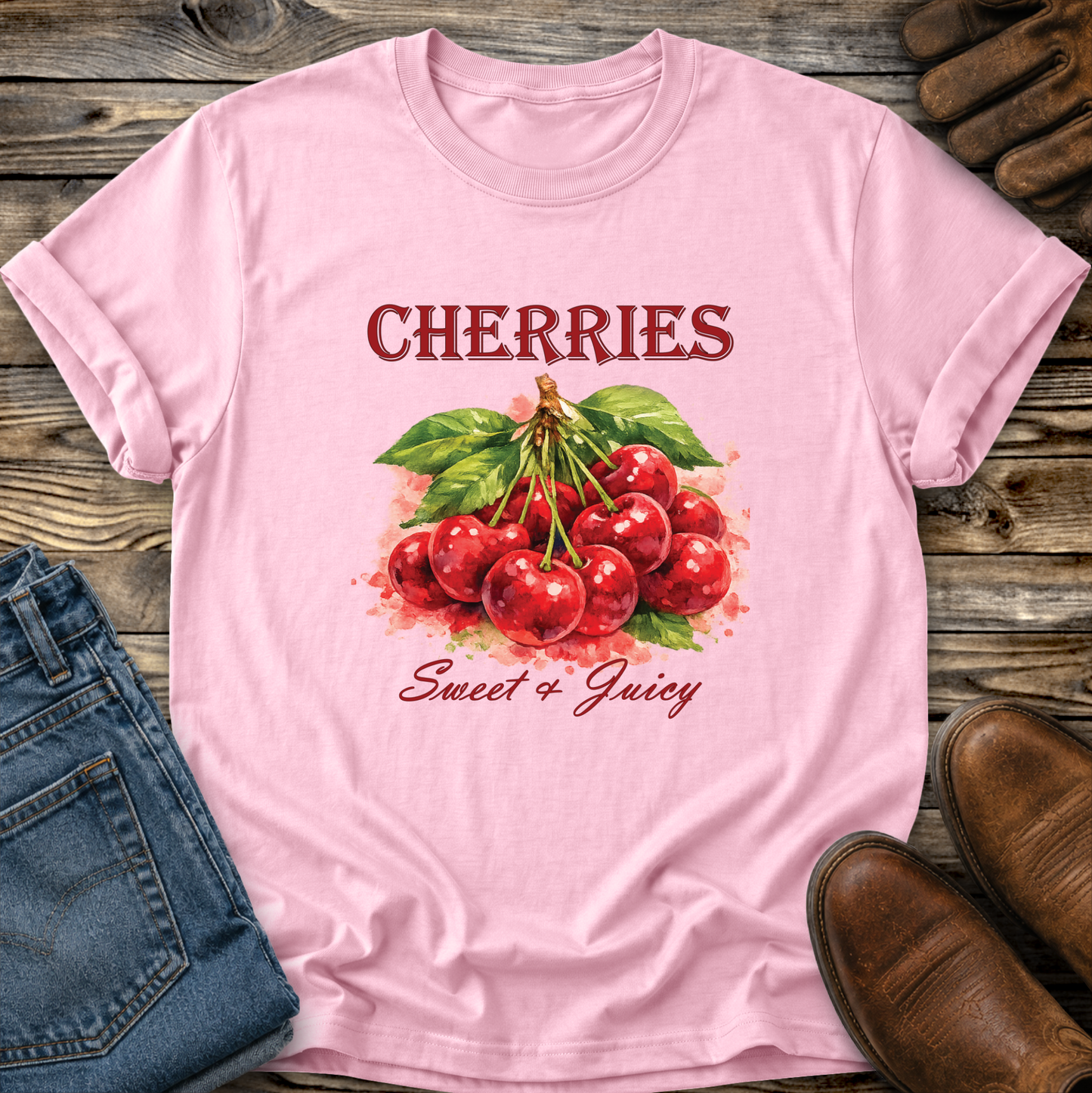A light pink short-sleeve T-shirt laid flat on a rustic wooden surface, featuring a cherry graphic with green leaves and the words 'CHERRIES' and 'Sweet & Juicy.' Blue jeans, brown shoes, and a small pair of gloves are partially visible around it as styling props.