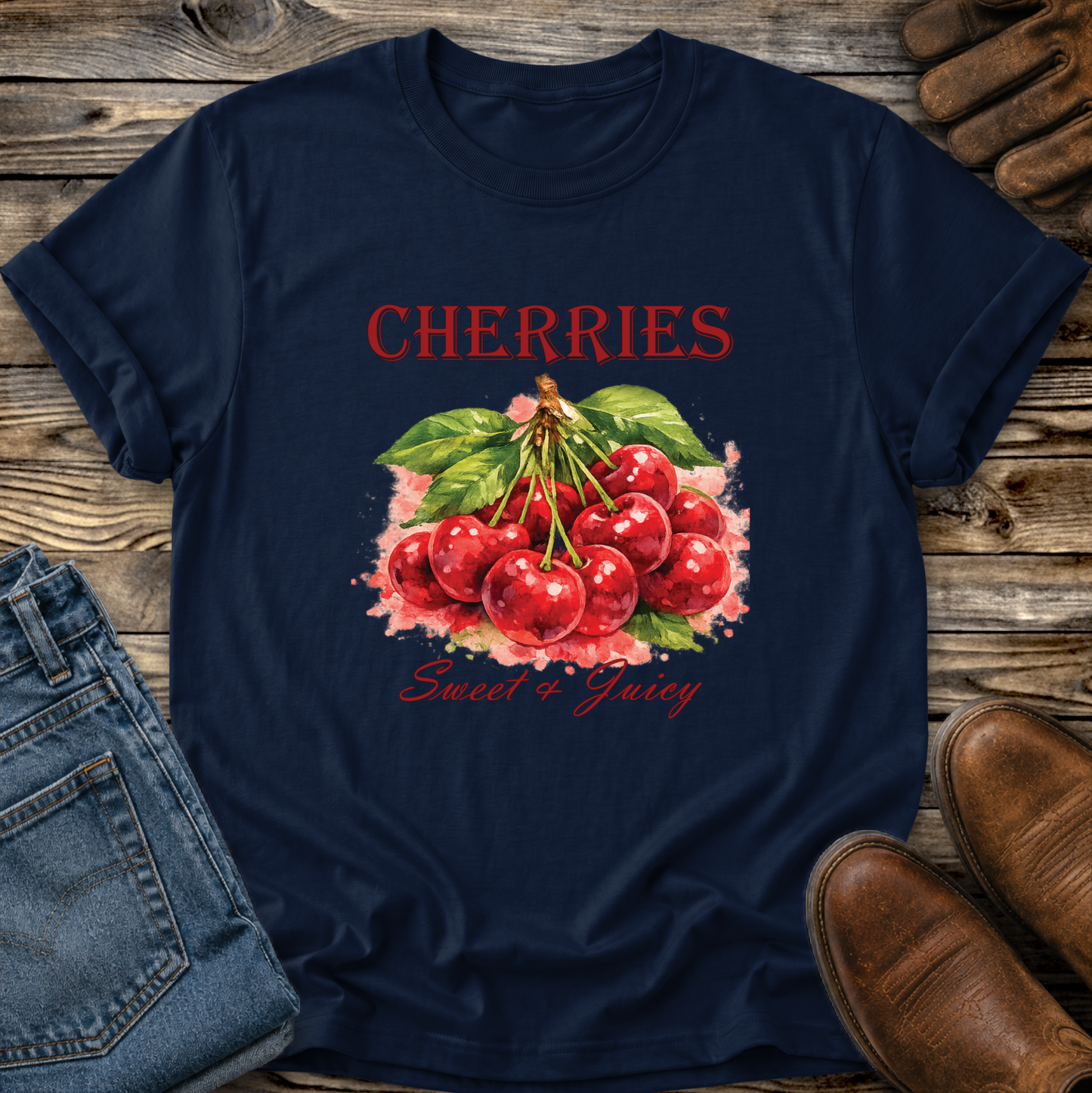 A navy blue graphic t-shirt featuring a watercolor illustration of red cherries with green leaves and pink blossoms, with the text 'CHERRIES Sweet & Juicy' printed on the front. The t-shirt is styled in a flat-lay arrangement on a rustic wooden background, accompanied by blue jeans, brown leather shoes, and leather gloves.