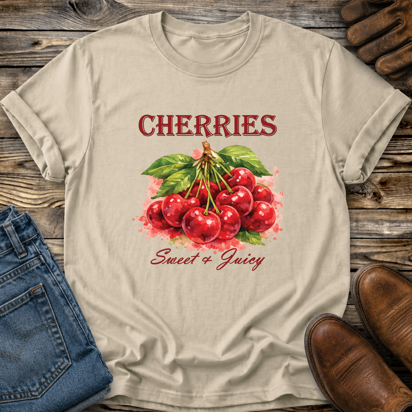 A beige graphic t-shirt featuring a watercolor illustration of red cherries with green leaves and the text 'CHERRIES Sweet & Juicy'. The t-shirt is styled in a flat-lay arrangement on a rustic wooden background, accompanied by blue jeans, brown leather shoes, and a leather glove.