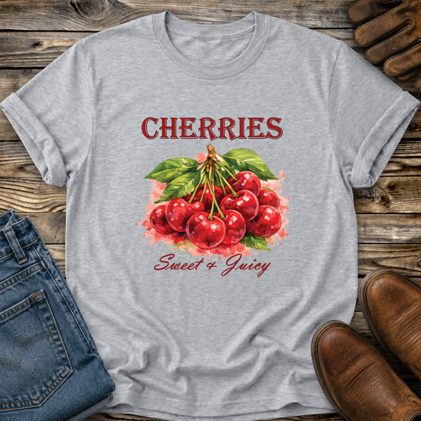 A light heather gray short-sleeve t-shirt with a graphic of red cherries and green leaves, featuring the text 'CHERRIES' and 'Sweet & Juicy' in red. The shirt is styled in a flat-lay on a rustic wooden background with blue jeans, brown shoes, and a leather glove visible at the edges.