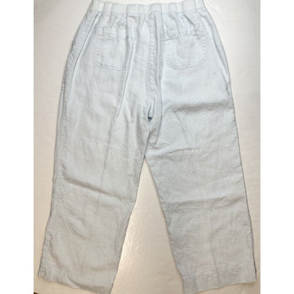J Jill Linen Pants Womens 14 Petite Light Blue Wide Leg Ankle Floral Embroidery