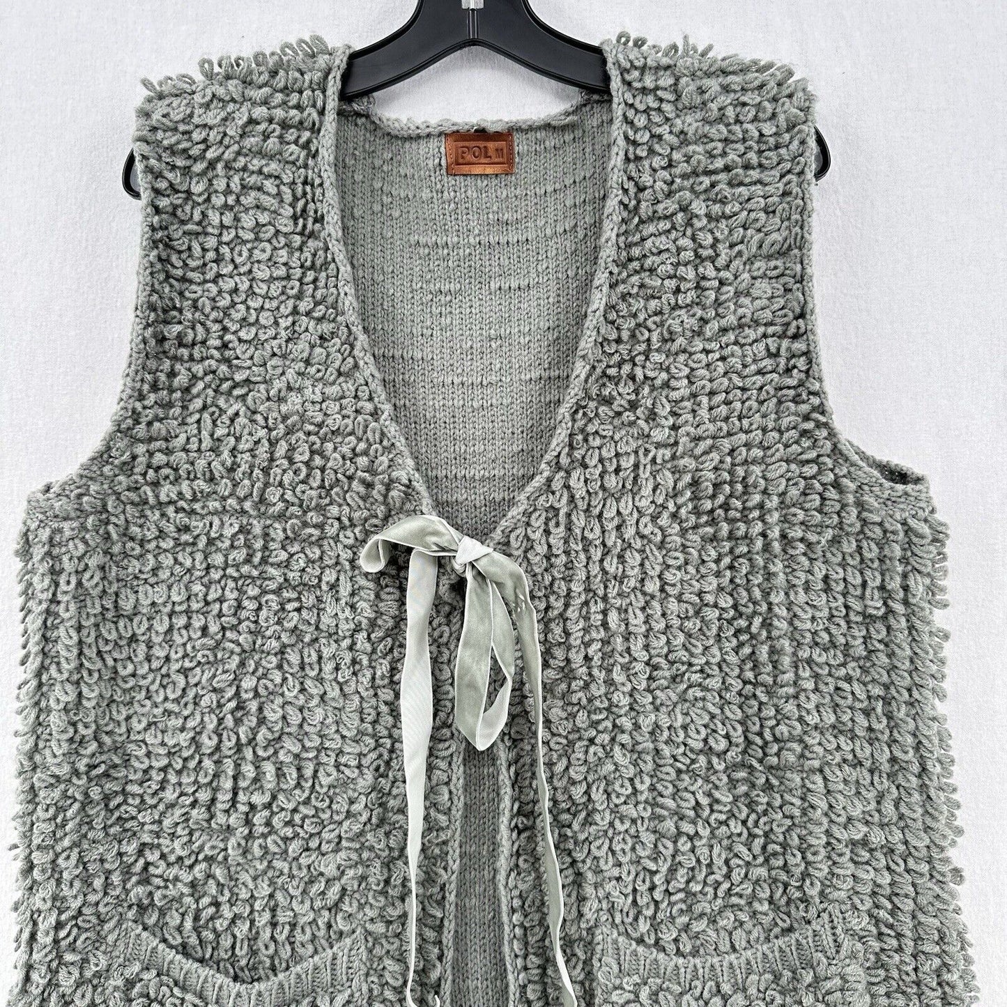 POL Clothing Vest Womens Medium Cardigan Gray Rug Sweater Ribbon Long Boho *Flaw