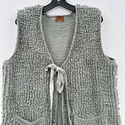 POL Clothing Vest Womens Medium Cardigan Gray Rug Sweater Ribbon Long Boho *Flaw