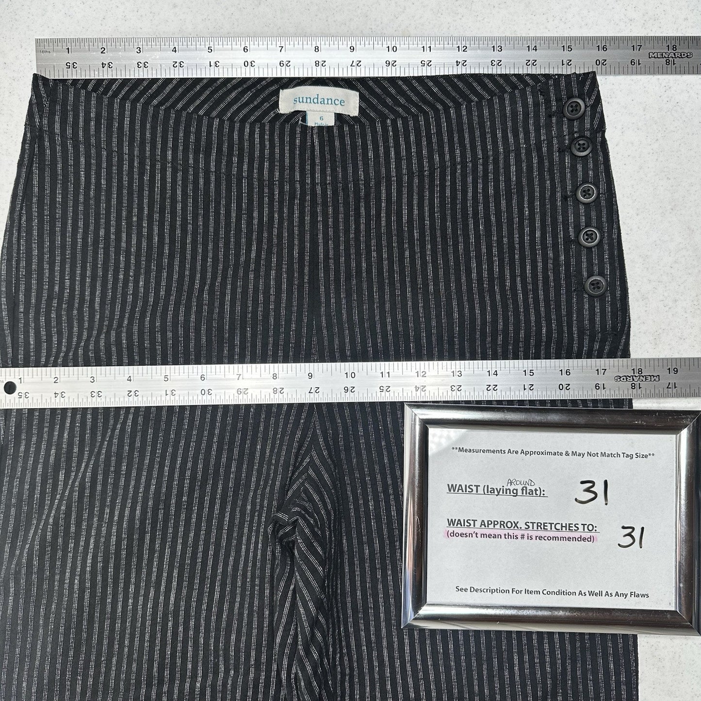 Sundance Pants Womens 6 Black Pinstripe Linen Cotton Coastal Contemporary
