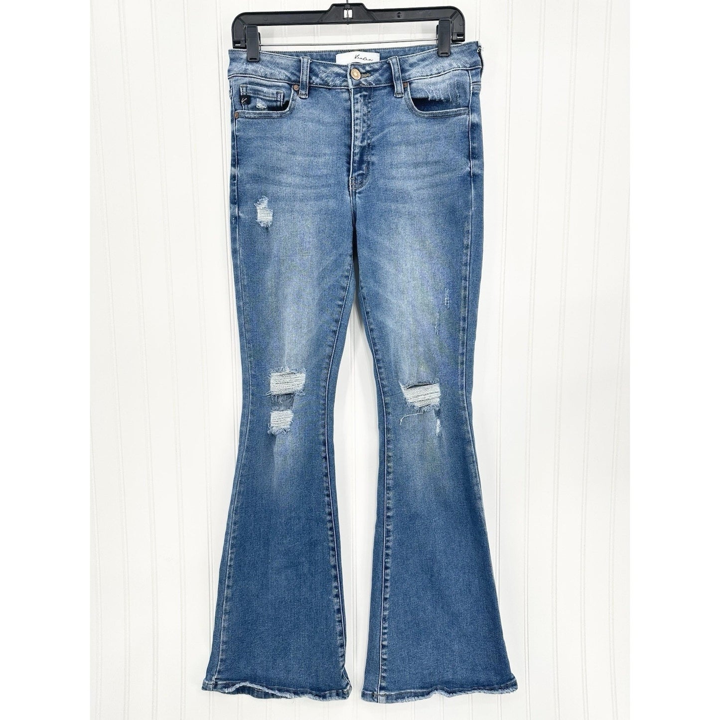 Kancan Jeans Womens 9 28 High Rise Flare Blue Denim Distressed Festival Cowboy