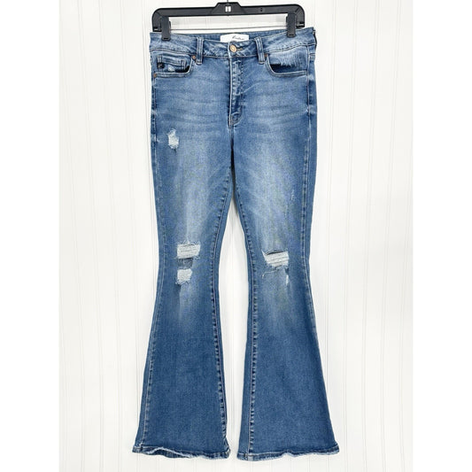 Kancan Jeans Womens 9 28 High Rise Flare Blue Denim Distressed Festival Cowboy
