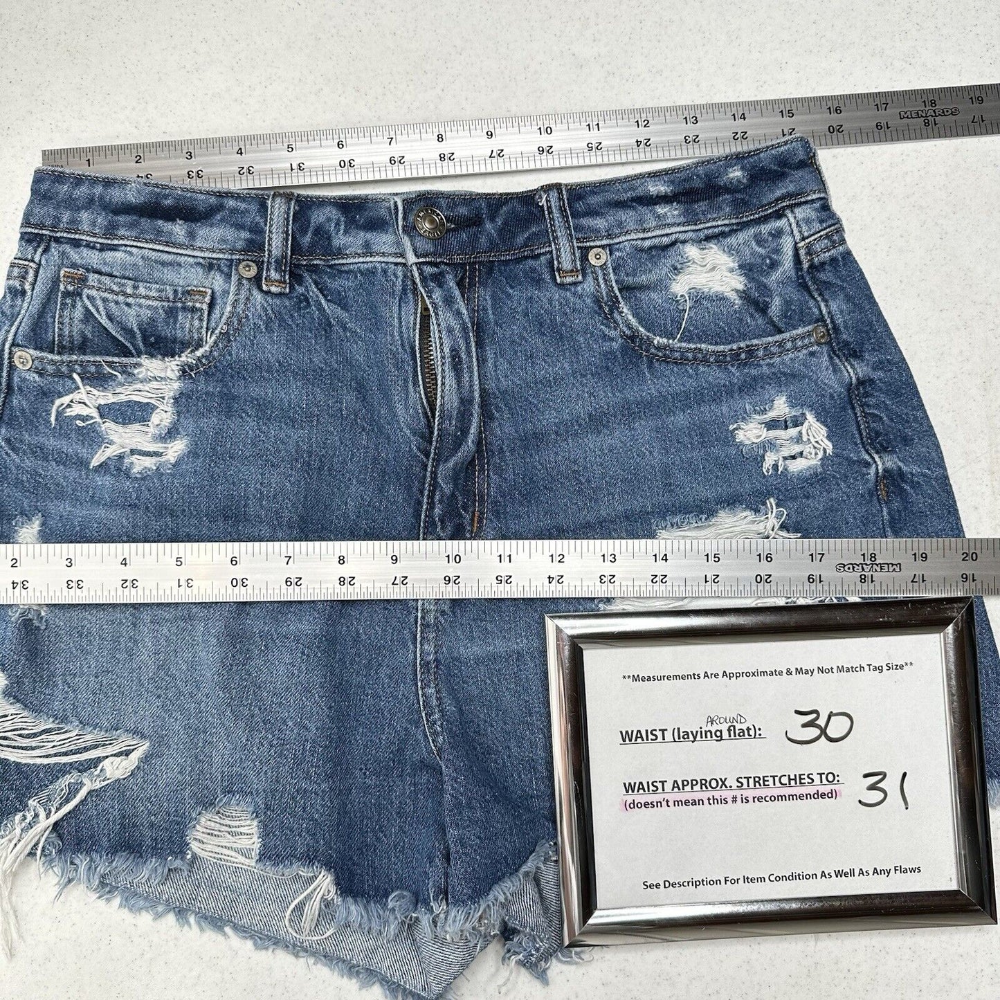 American Eagle Shorts Womens 10 Mom High Rise Blue Jean Denim Distressed Grunge