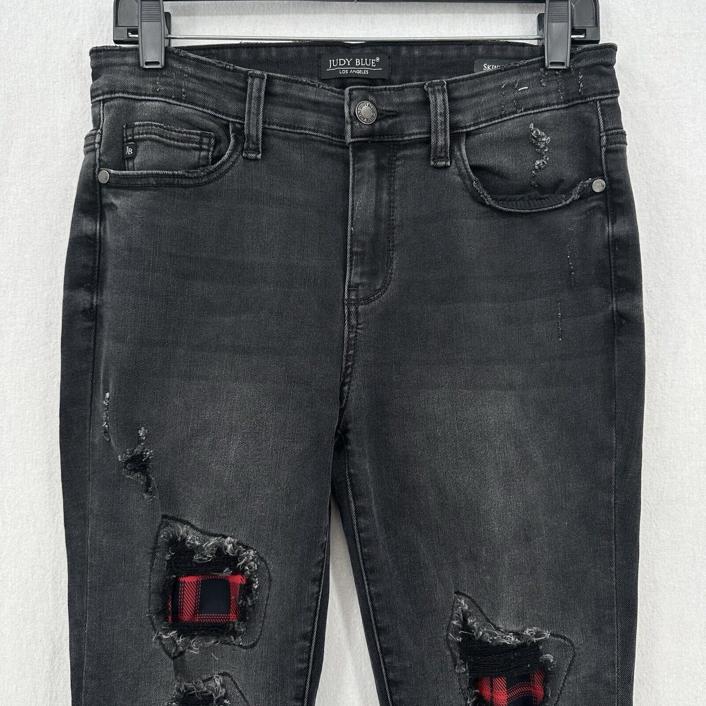 Judy Blue Jeans 9 29 Skinny Black Stretch Denim Red Buffalo Plaid Patch Distress