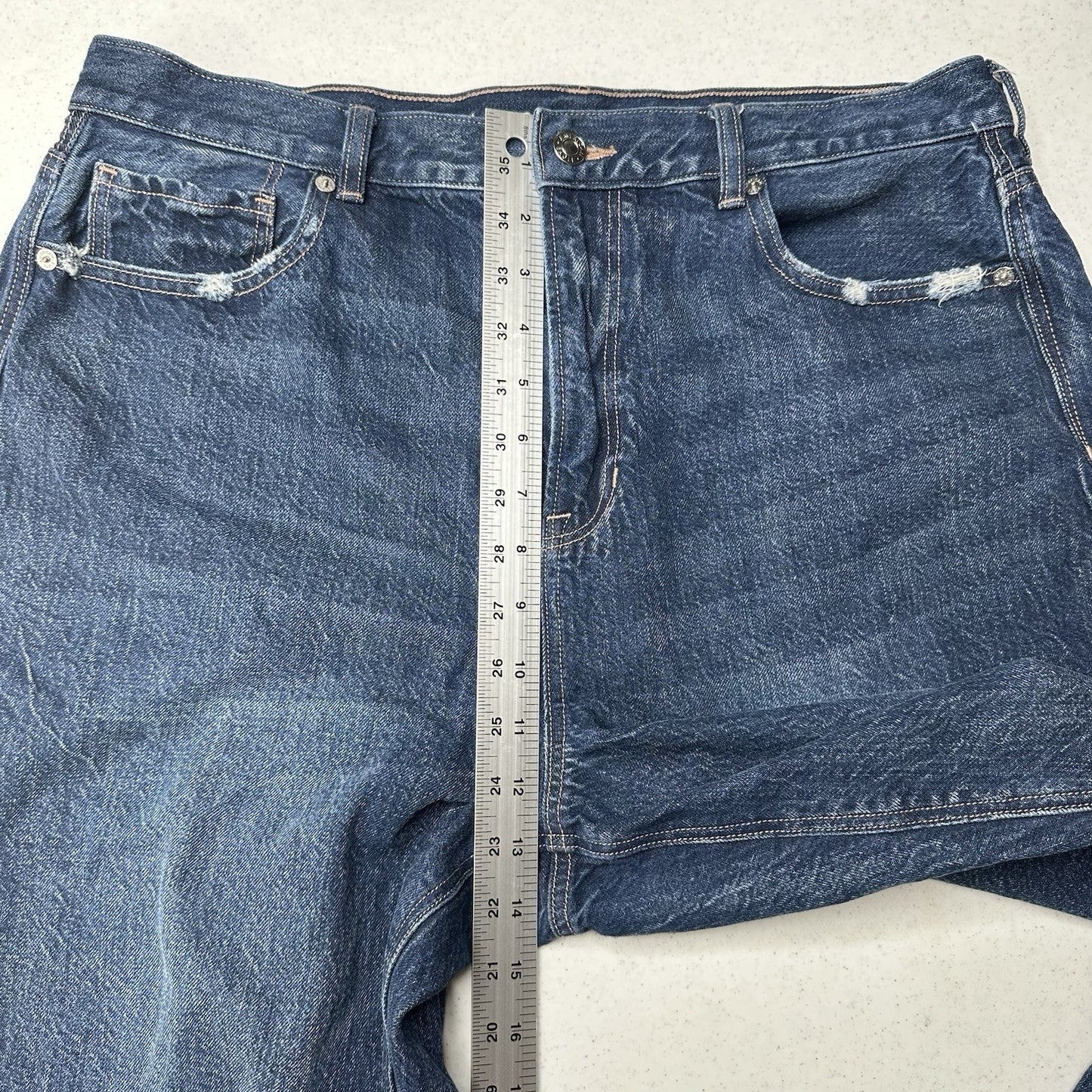 American Eagle Jeans Womens 14 Short Mom Relaxed High Rise Blue Denim Distressed