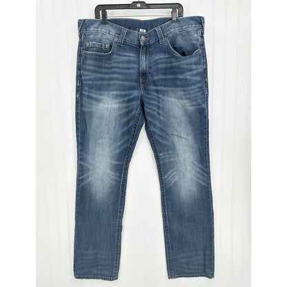 True Religion Jeans Mens 40x34 Section Straight Leg Blue Denim Distressed *Flaw