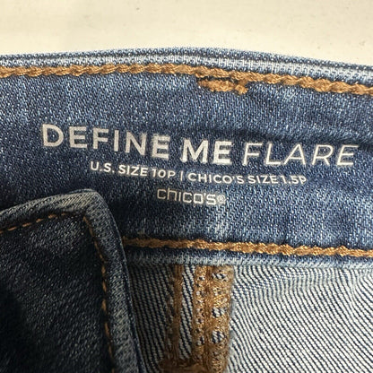 Chicos Jeans 1.5 Petite US 10 Define Me Flare Blue Denim Distress Western Cowboy
